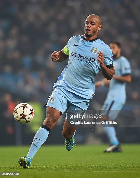 Vincent Kompany of Manchester City in action during the UEFA Champions League Group E match between Manchester City and CSKA Moscow on November 5,...