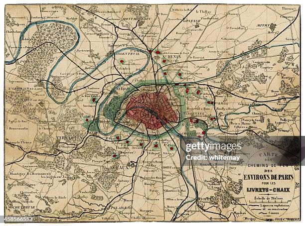 19th century french railway map for area around paris - seine st denis stock pictures, royalty-free photos & images