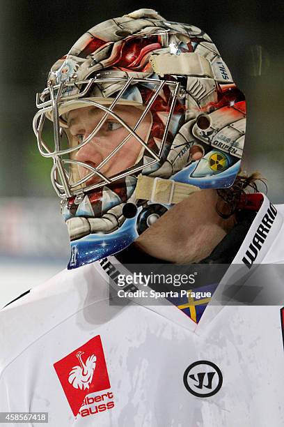 Marcus Hogberg of Linkoping HC during the Champions Hockey League round of 16 first leg game between Sparta Prague and Linkoping HC at Tippsport...