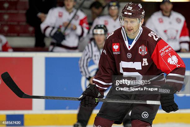 Karel Pilar of Sparta Prague during the Champions Hockey League round of 16 first leg game between Sparta Prague and Linkoping HC at Tippsport Arena...