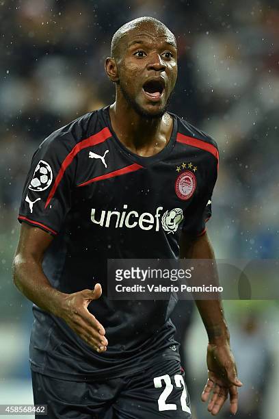 Eric Abidal of Olympiacos FC reacts during the UEFA Champions League group A match between Juventus and Olympiacos FC at Juventus Arena on November...