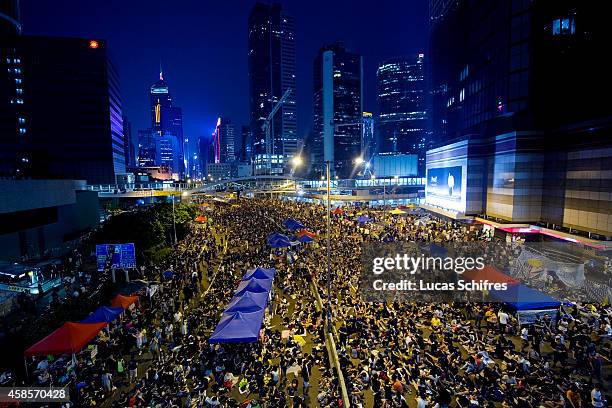 The crowd of protesters in 'Occupy Central' camp in Admirality, Hong Kong, on October 4, 2014. The 'Umbrella revolution' or 'Occupy Central' is a...