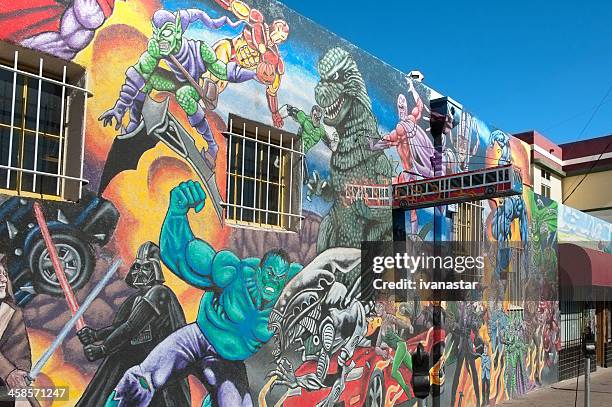super heros street mural - godzilla named work stock pictures, royalty-free photos & images