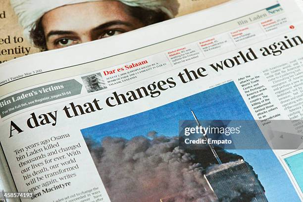 newspaper reports on the day osama bin laden died. - terrorism news stock pictures, royalty-free photos & images