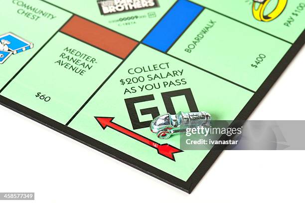 monopoly board game focused on go field and car - go board game stock pictures, royalty-free photos & images