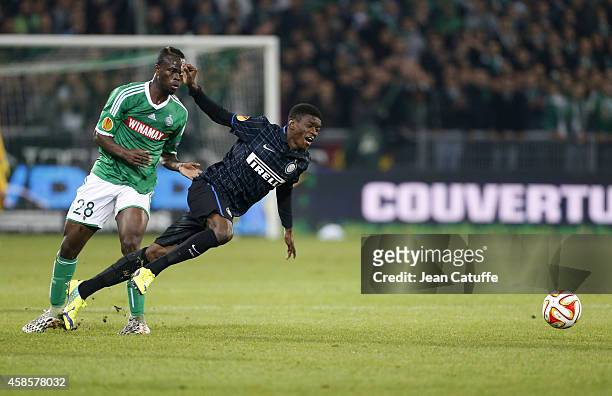 Ismael Diomande of Saint-Etienne and Ibrahim Mbaye of Inter Milan in action during the UEFA Europa League Group F match between AS Saint-Etienne and...