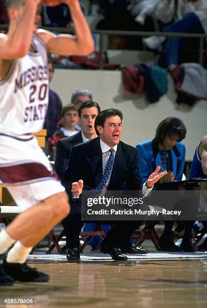 View of Kentucky coach Rick Pitino on sidelines during game vs Mississippi State at Humphrey Coliseum. View of Kentucky assistant coaches Bernadette...