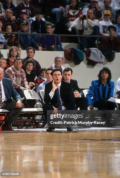 View of Kentucky coach Rick Pitino on sidelines during game vs Mississippi State at Humphrey Coliseum. View of Kentucky assistant coaches Bernadette...