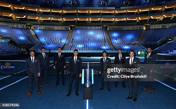 Stan Wawrinka of Switzerland,Milos Raonic of Canada,Tomas Berdych of Czech Republic,Novak Djokovic of Serbia,Kei Nishikori of Japan,Andy Murray of...