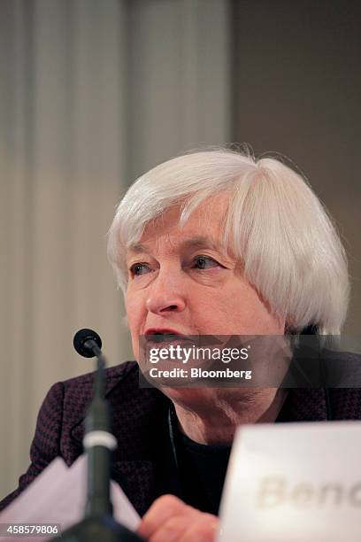 Janet Yellen, chair of the U.S. Federal Reserve, speaks at the International Symposium of the Bank of France policy conference in Paris, France, on...
