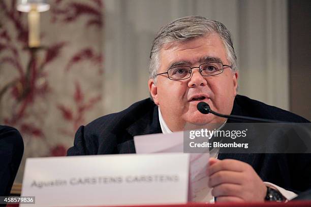 Agustin Carstens, governor of Banco de Mexico, speaks at the International Symposium of the Bank of France policy conference in Paris, France, on...