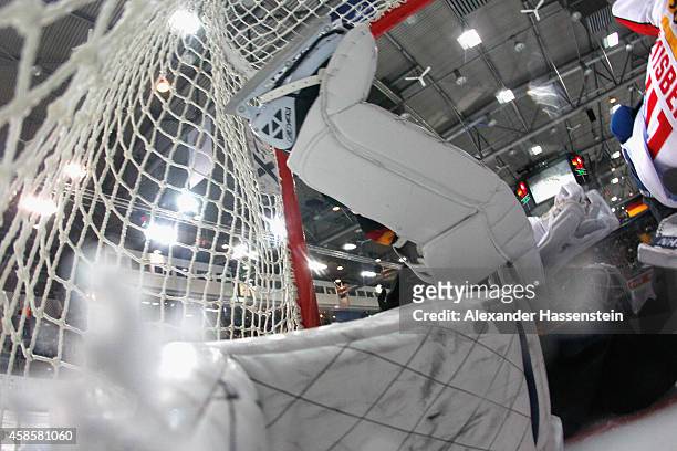 Dennis Endras, goalie of Germany in action during match 2 of the Deutschland Cup 2014 between Germany and Switzerland at Olympia Eishalle on November...