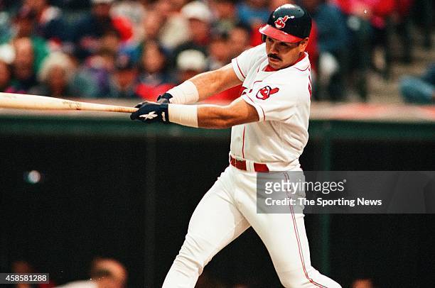 Carlos Baerga of the Cleveland Indians bats against the Detroit Tigers at Comerica Park on May 16, 1996 in Detroit, Michigan.