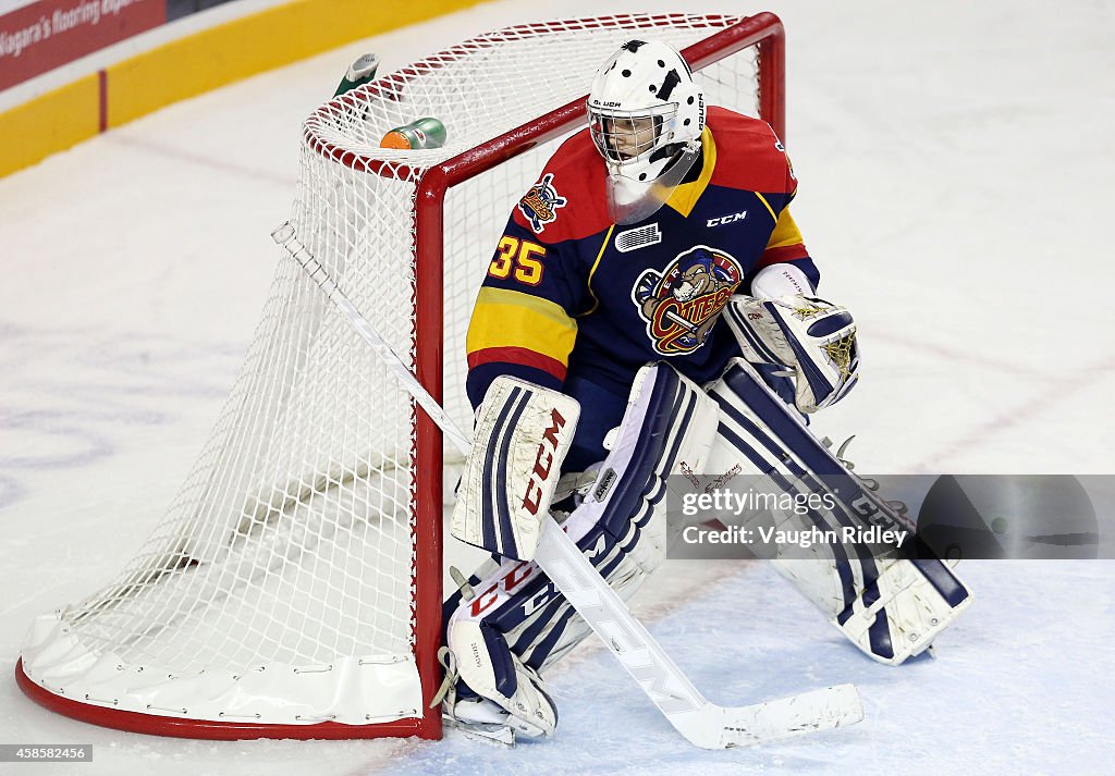 Daniel Dekoning of the Erie Otters looks on during an OHL game... News ...