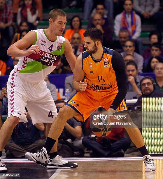 Bojan Dubljevic, #14 of Valencia Basket competes with D.J. White, #3 of Laboral Kutxa Vitoria in action during the 2014-2015 Turkish Airlines...