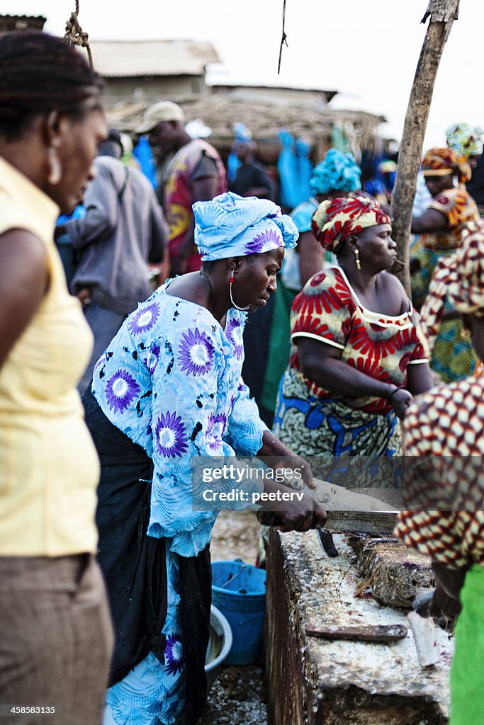 African fish market scene.