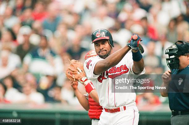 Albert Belle of the Cleveland Indians bats against the Texas Rangers at Progressive Field on May 17, 1996 in Cleveland, Ohio.