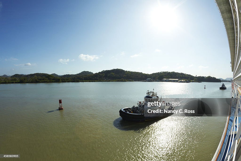 Tug Boat Alongside Cruise Ship, Panama Canal, Fisheye