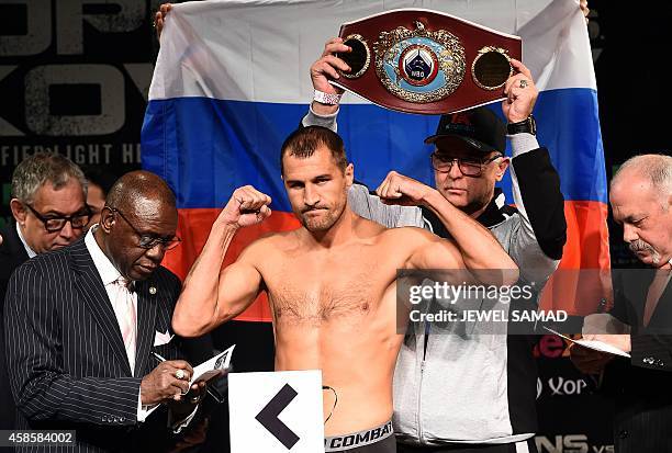 Russian Sergey Kovalev reacts during an official weighing in Atlantic City, New Jersey, on November 7 a day before his fight against US boxer Bernard...