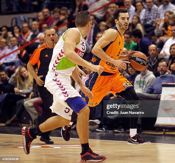 Pau Ribas, #5 of Valencia Basket competes in action during the 2014-2015 Turkish Airlines Euroleague Basketball Regular Season Date 4 game between...