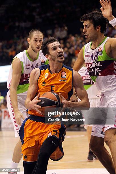 Pau Ribas, #5 of Valencia Basket competes with Sasha Vujavic#18 of Laboral Kutxa in action during the 2014-2015 Turkish Airlines Euroleague...