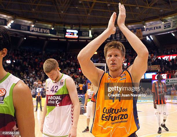 Luke Harangody, #44 of Valencia Basket in action during the 2014-2015 Turkish Airlines Euroleague Basketball Regular Season Date 4 game between...