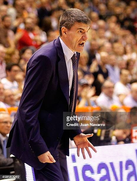 Velimir Perasovic, Head Coach of Valencia Basket in action during the 2014-2015 Turkish Airlines Euroleague Basketball Regular Season Date 4 game...