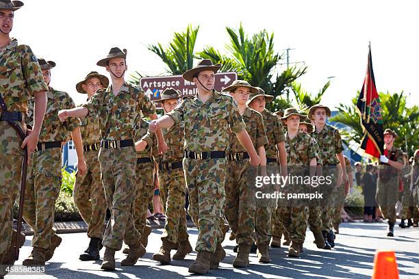 australian soldier cadets at anzac day march parade - military uniform stock pictures, royalty-free photos & images