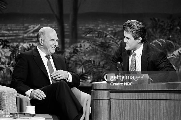 Pictured: Author Clive James during an interview with guest host Jay Leno on May 1, 1990 --