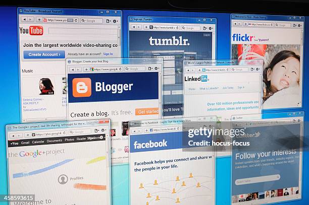 social media web sites on computer screen - browser window stock pictures, royalty-free photos & images