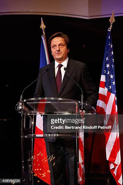 President of the French-American Foundation Jean Luc Allavena speaks onstage at the French-American Foundation Gala Dinner at Salle Wagram on...