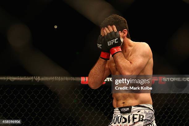 Anthony Perosh shows his relief as he celebrates victory over Guto Inocente in their lightweight fight during the UFC Fight Night 55 event at...