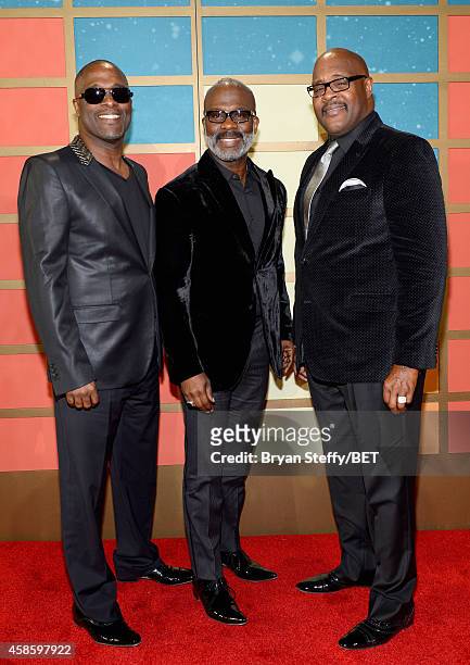 Singers Carvin Winans, BeBe Winans and Marvin Winans of the 3 Winans Brothers attend the 2014 Soul Train Music Awards at the Orleans Arena on...
