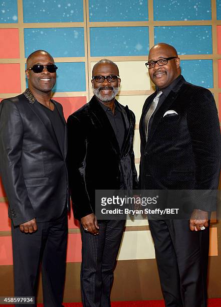 Singers Carvin Winans, BeBe Winans and Marvin Winans of the 3 Winans Brothers attend the 2014 Soul Train Music Awards at the Orleans Arena on...