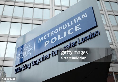 London Metropolitan Police sign at New Scotland Yard London Metropolitan Police sign at New Scotland Yard