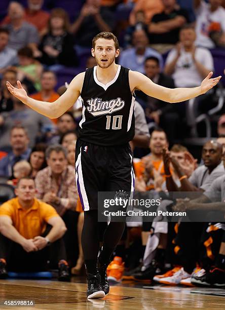 Nik Stauskas of the Sacramento Kings reacts to a non call during the frist half of the NBA game against the Phoenix Suns at US Airways Center on...