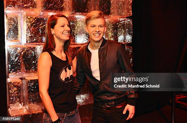 Christina Stuermer and Thorsteinn Einarsson pose for a photograph during the 'Die Grosse Chance' TV-Show final after party at ORF Zentrum on November...