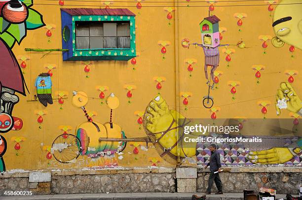 graffiti art wall - peiraios street athens - street art around the world stock pictures, royalty-free photos & images