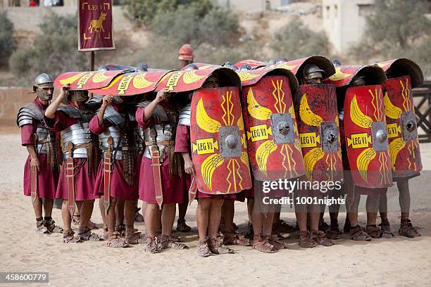 legion in formation - jerash, jordan - gladiator stock pictures, royalty-free photos & images