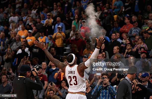 LeBron James of the Cleveland Cavaliers takes the court to face the Denver Nuggets at Pepsi Center on November 7, 2014 in Denver, Colorado. NOTE TO...
