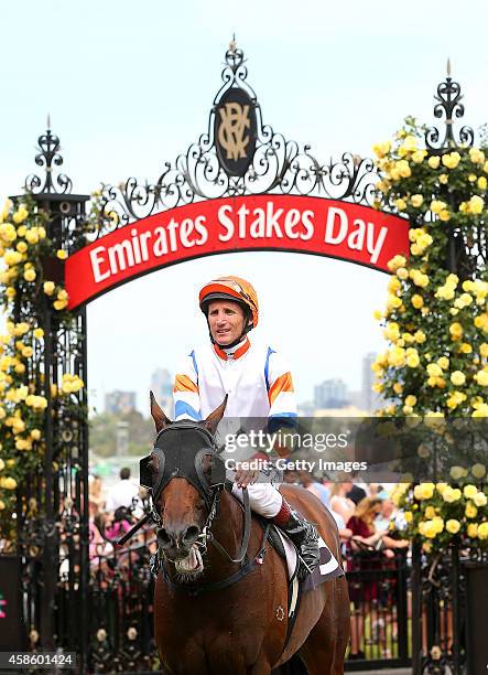 Damien Oliver returns to scale on Le Roi after winning race five, the Queen Elizabeth Stakes on Stakes Day at Flemington Racecourse on November 8,...