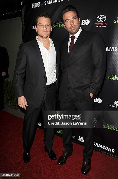 Actors Matt Damon and Ben Affleck attend the "Project Greenlight" event at Boulevard3 on November 7, 2014 in Hollywood, California.