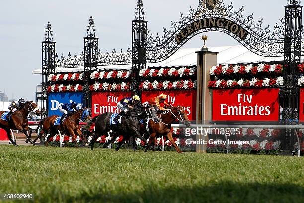Hugh Bowman riding Terravista celebrates as he crosses the line to win race 6, the Darley Classic on Stakes Day at Flemington Racecourse on November...