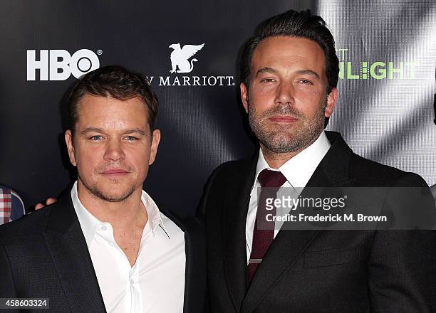 Actors Matt Damon and Ben Affleck attend HBO Reveals Winner of "Project Greenlight" Season 4 at BOULEVARD3 on November 7, 2014 in Los Angeles,...