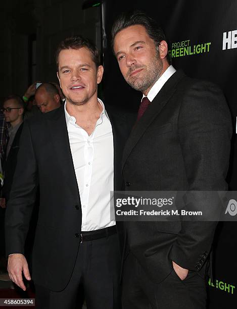 Actors Matt Damon and Ben Affleck attend HBO Reveals Winner of "Project Greenlight" Season 4 at BOULEVARD3 on November 7, 2014 in Los Angeles,...