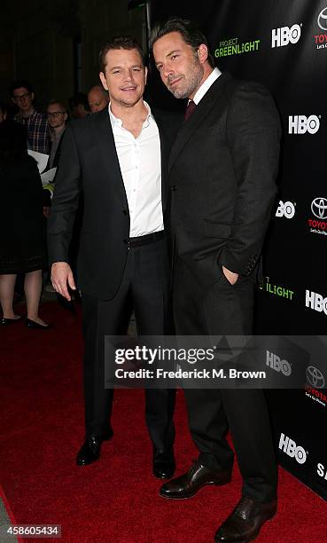 Actors Matt Damon and Ben Affleck attend HBO Reveals Winner of "Project Greenlight" Season 4 at BOULEVARD3 on November 7, 2014 in Los Angeles,...