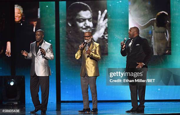 Singers Carvin Winans, BeBe Winans and Marvin Winans of 3 Winans Brothers perform onstage during the 2014 Soul Train Music Awards at the Orleans...