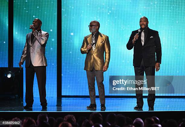 Singers Carvin Winans, BeBe Winans and Marvin Winans of 3 Winans Brothers perform onstage during the 2014 Soul Train Music Awards at the Orleans...