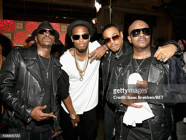Singer Cedric "K-Ci" Hailey of Jodeci, rapper B.o.B., singer DeVante Swing and Joel "Jojo" Hailey of Jodeci attend the 2014 Soul Train Music Awards...