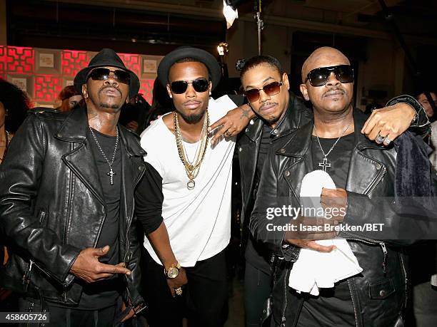 Cedric "K-Ci" Hailey, rapper B.o.B., DeVante Swing and Joel "Jojo" Hailey of Jodeci attend the 2014 Soul Train Music Awards at the Orleans Arena on...